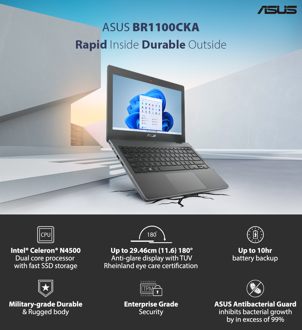 ASUS | Chromebook BR1100CKA | 11.6-inch HD Laptop | Intel Celeron N4500| 128GB eMMC | 4GB RAM | Win 11 Home