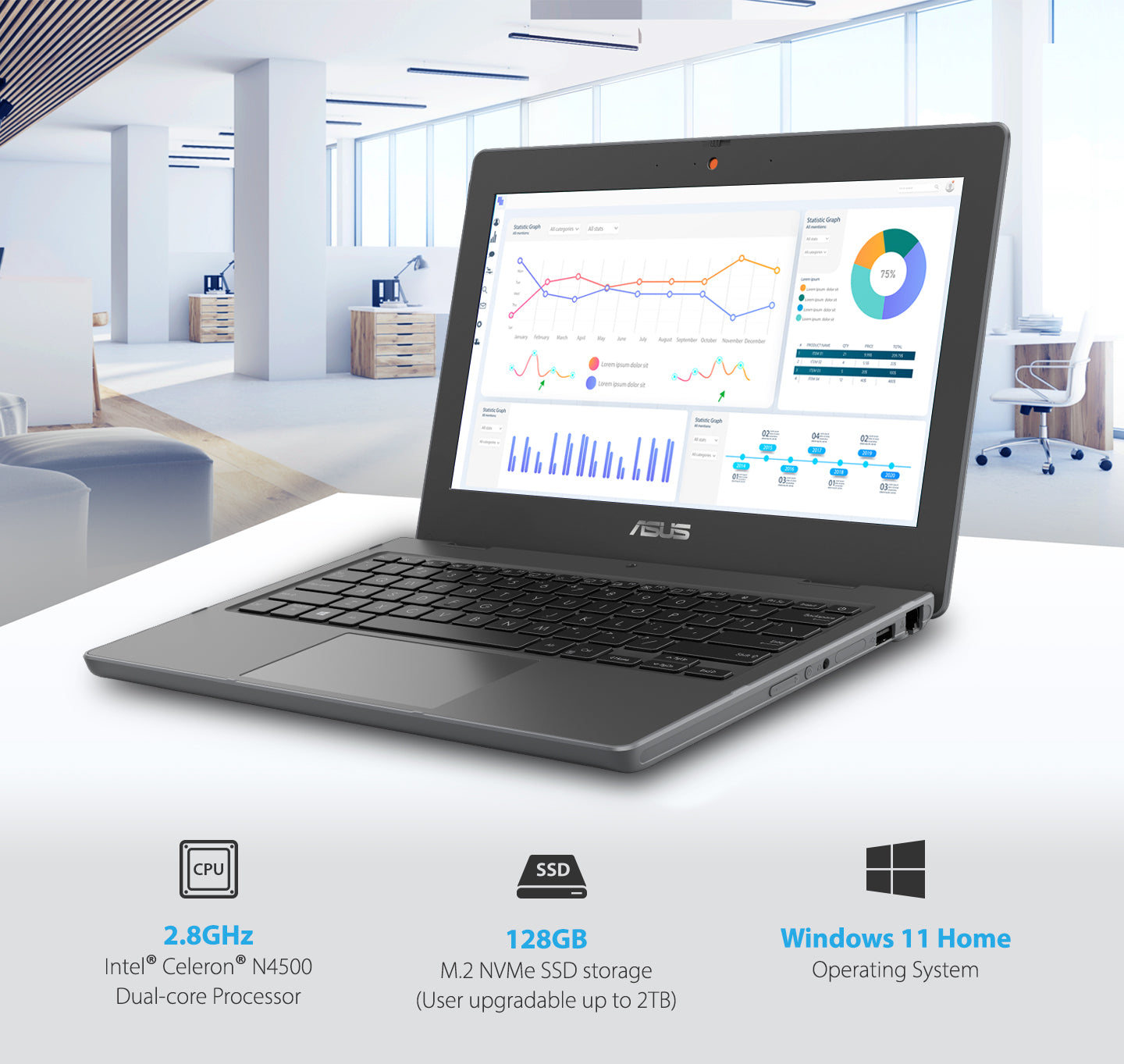 ASUS | Chromebook BR1100CKA | 11.6-inch HD Laptop | Intel Celeron N4500| 128GB eMMC | 4GB RAM | Win 11 Home